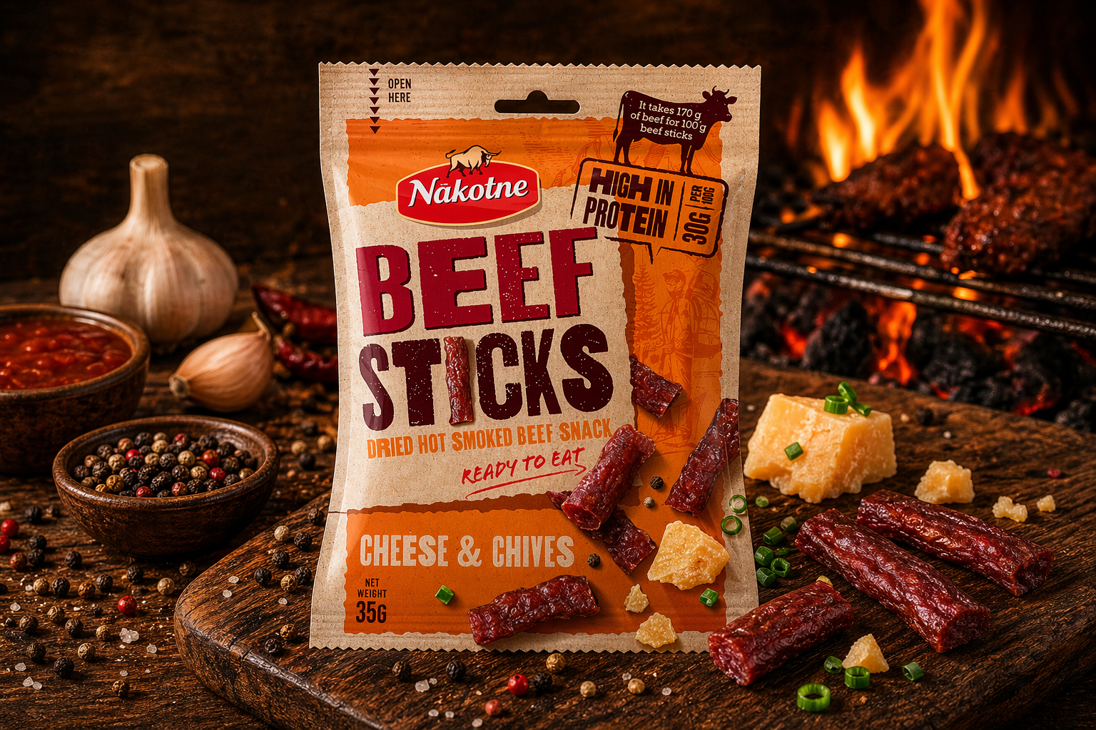 NAKOTNE BEEF STICKS CHEESE & CHIVES ( 8 x 35g)