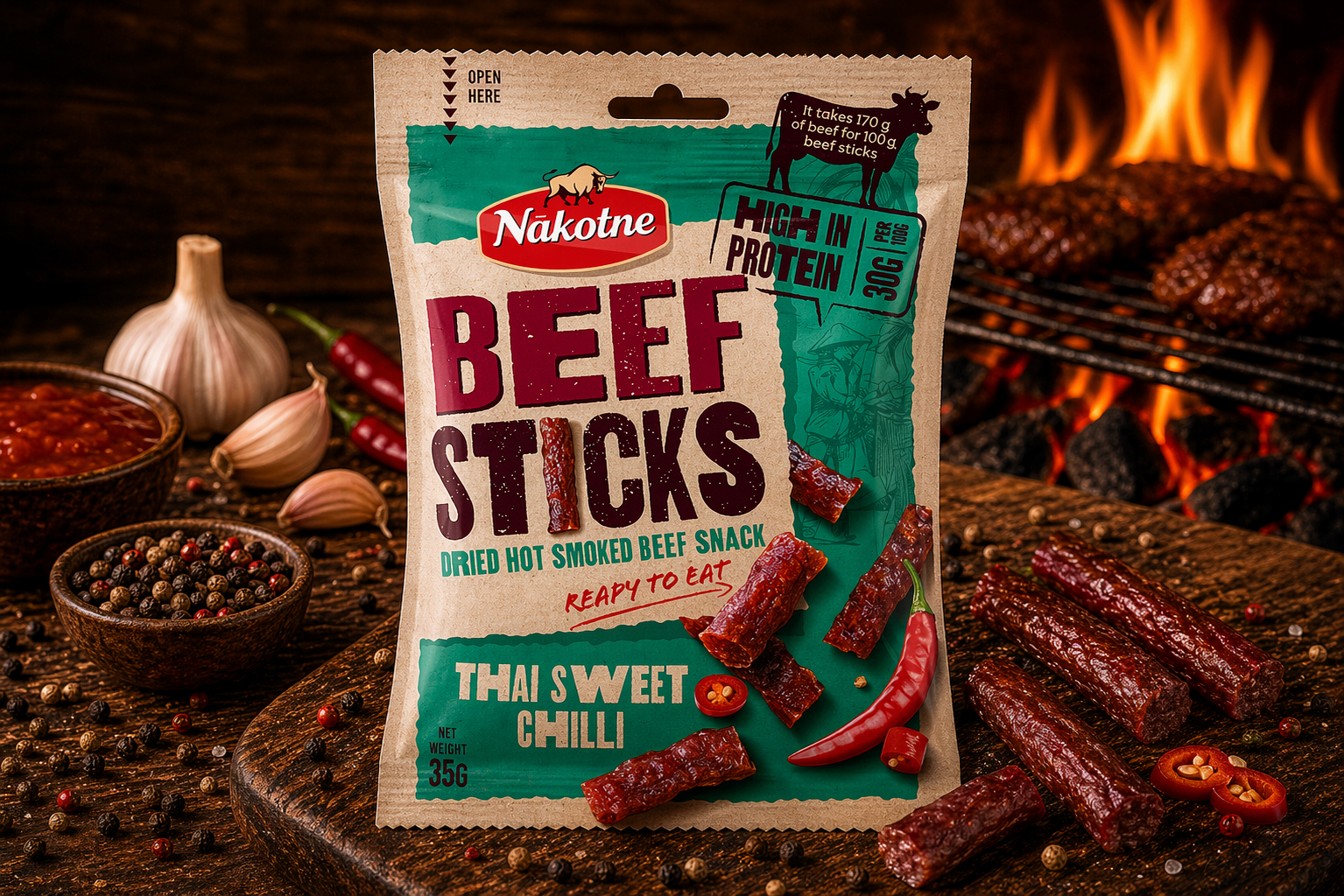 NAKOTNE BEEF STICKS THAI SWEET CHILLI ( 8 x 35g)